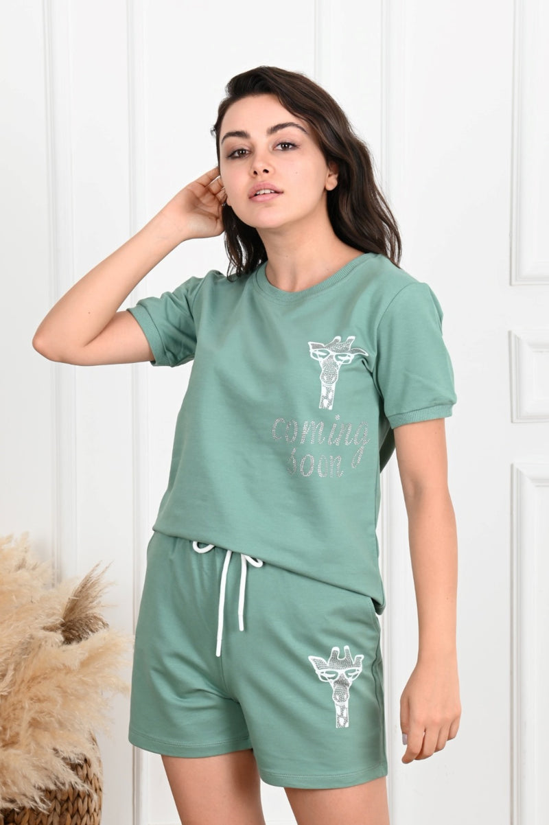 Kadın Taş Baskı Detaylı Şortlu Takım 3391-22