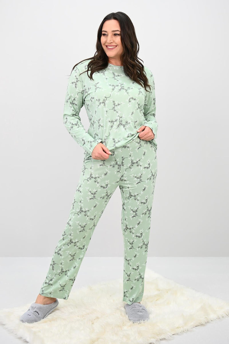 Kadın Büyük Beden Çiçek Desenli Uzun Kollu Pijama Takımı 4235-25
