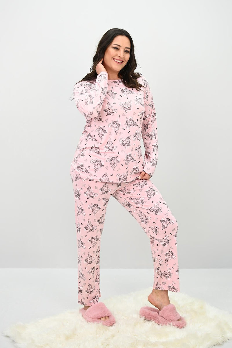 Kadın Büyük Beden Çiçek Desenli Uzun Kollu Pijama Takımı 4235-25