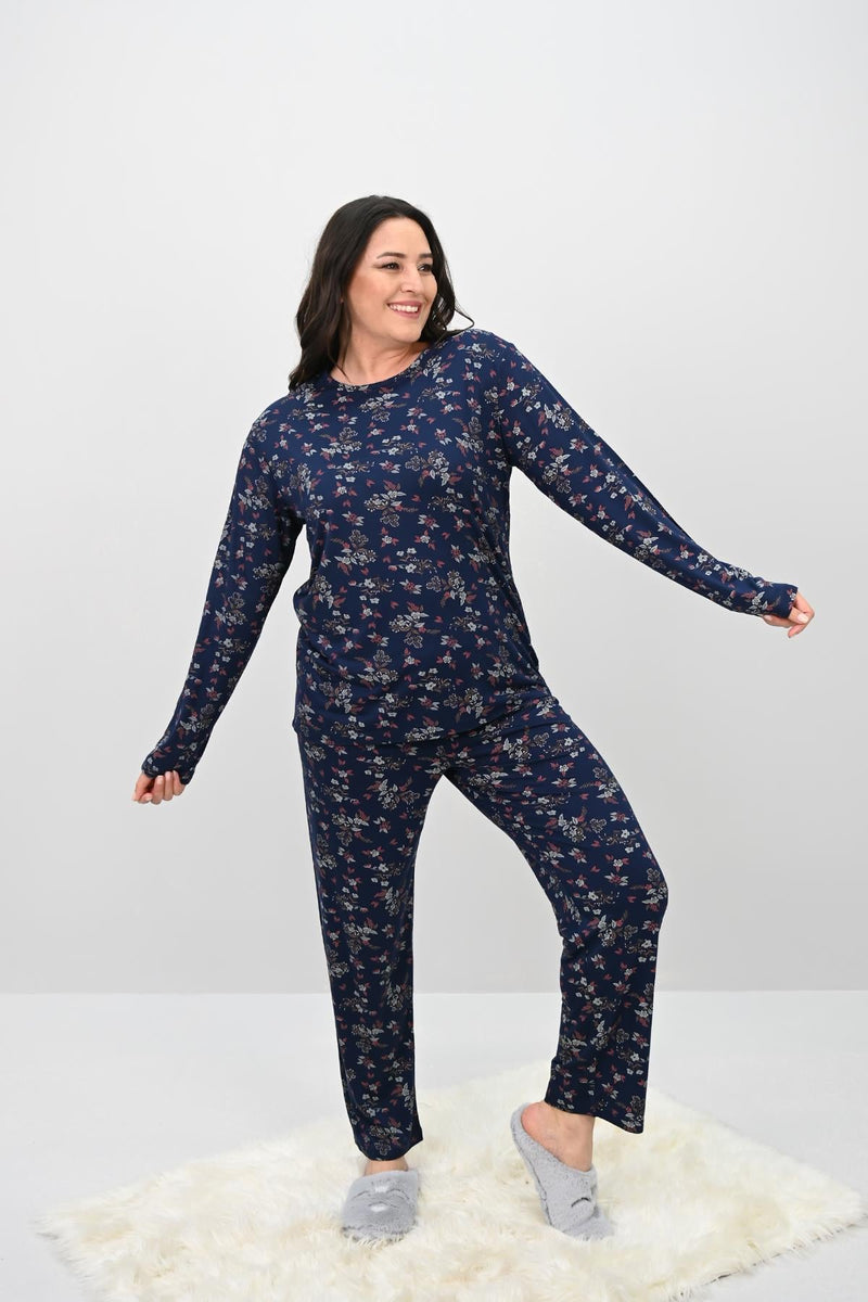 Kadın Büyük Beden Çiçek Desenli Uzun Kollu Pijama Takımı 4235-25