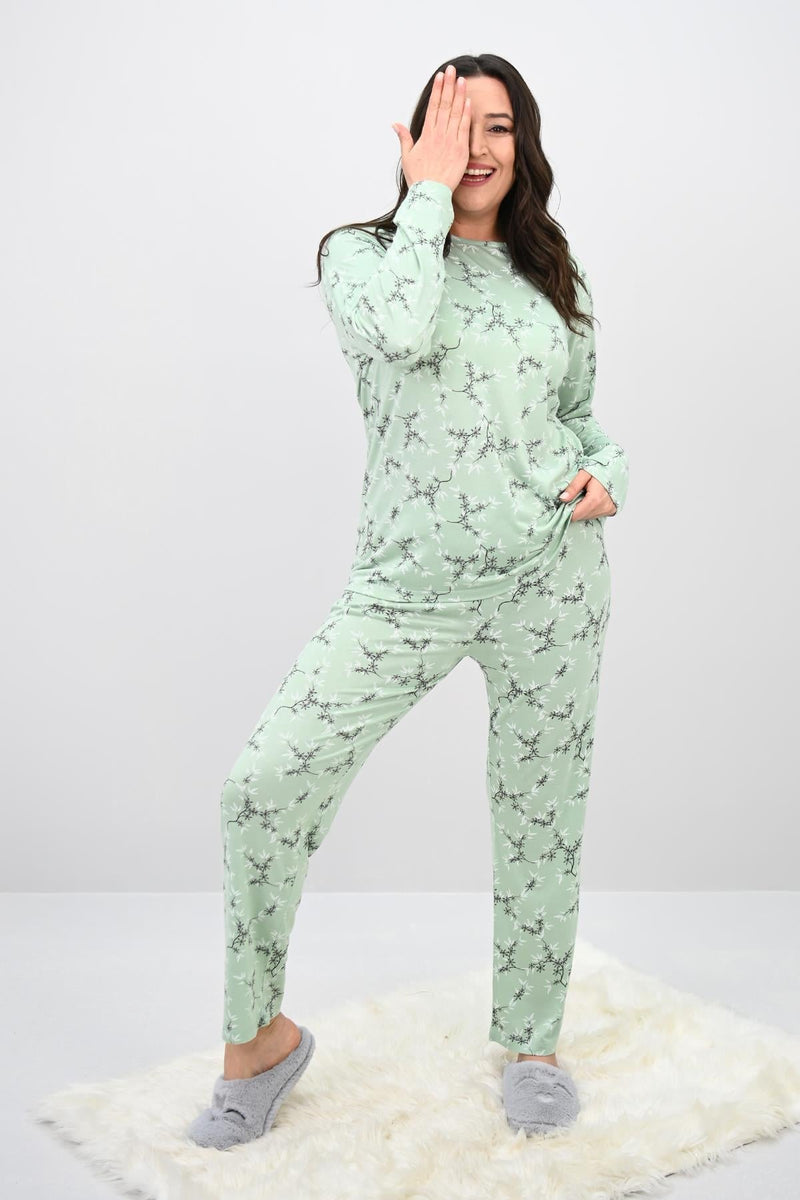 Kadın Büyük Beden Çiçek Desenli Uzun Kollu Pijama Takımı 4235-25
