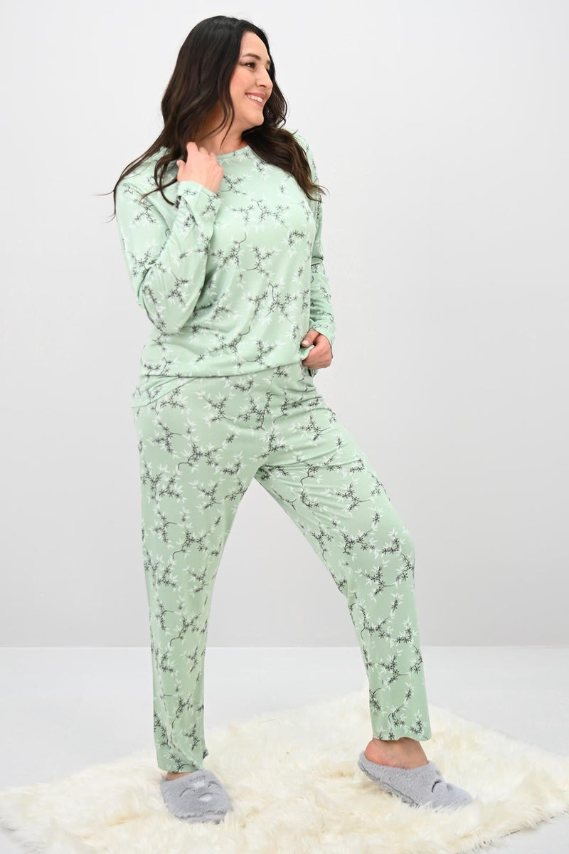 Kadın Büyük Beden Çiçek Desenli Uzun Kollu Pijama Takımı 4235-25