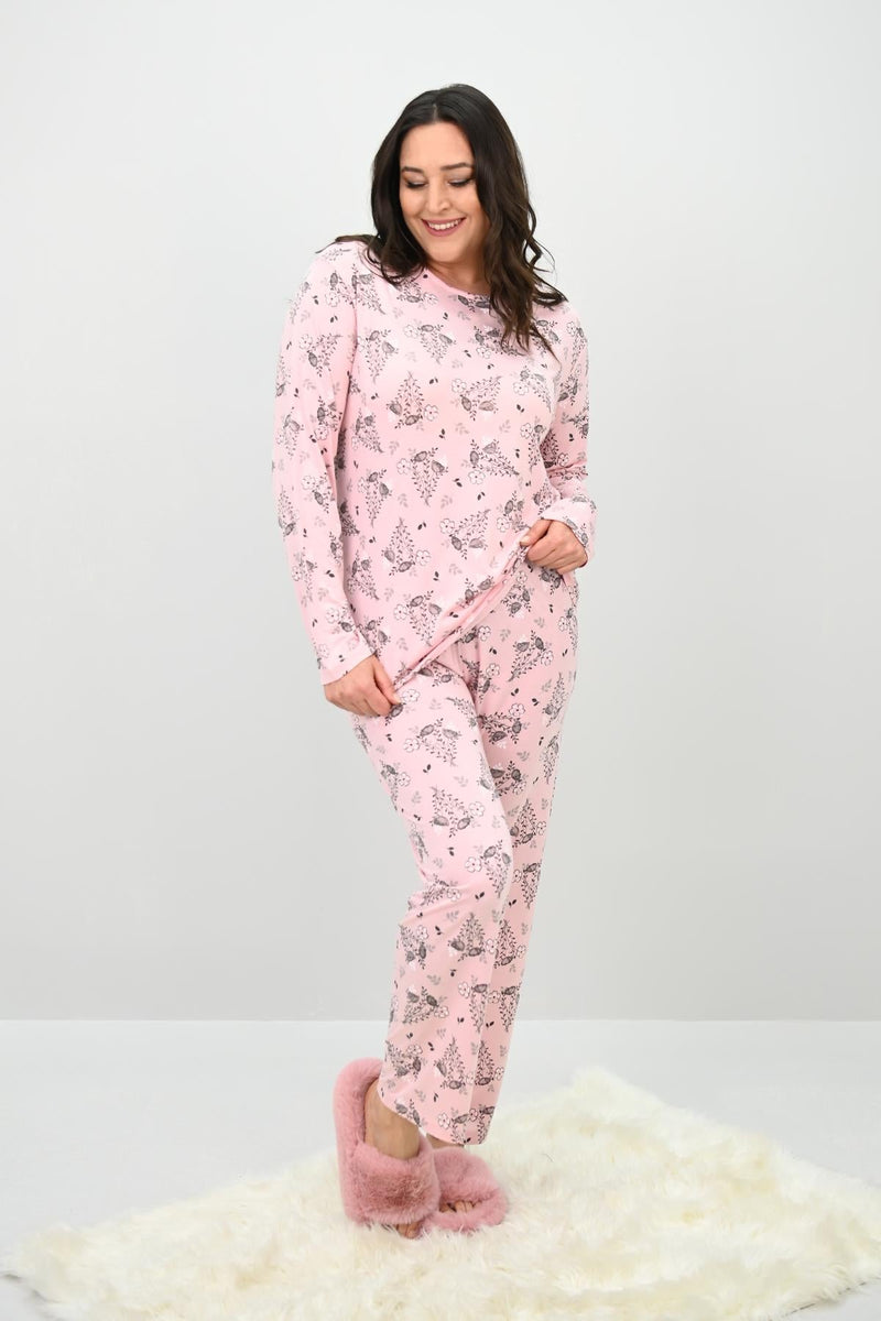 Kadın Büyük Beden Çiçek Desenli Uzun Kollu Pijama Takımı 4235-25