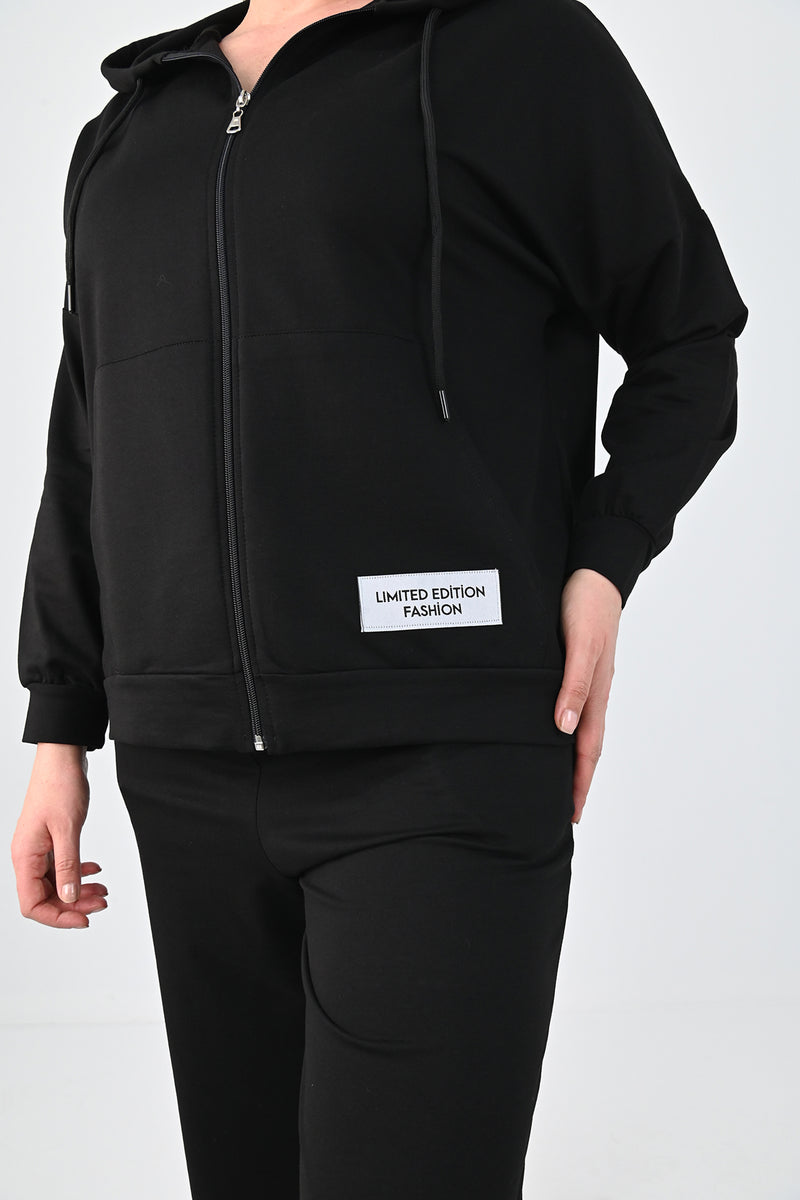 Kadın Büyük Beden Etiket Detaylı Kapüşonlu Eşofman Takımı 8077-24