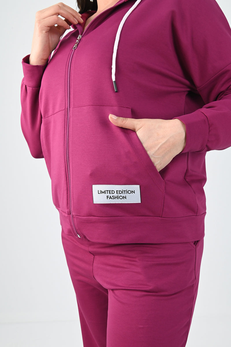 Kadın Büyük Beden Etiket Detaylı Kapüşonlu Eşofman Takımı 8077-24