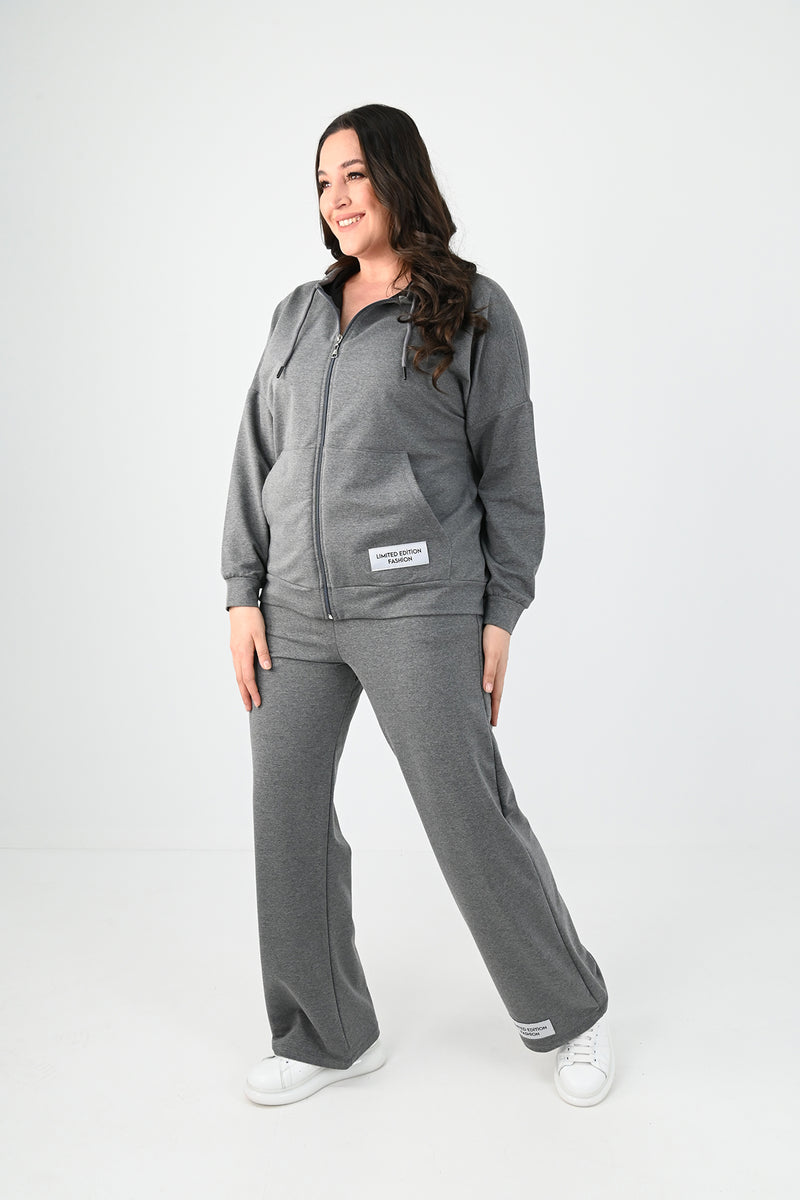 Kadın Büyük Beden Etiket Detaylı Kapüşonlu Eşofman Takımı 8077-24