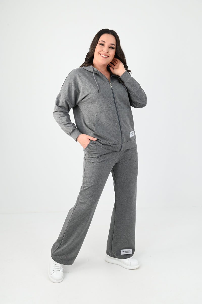 Kadın Büyük Beden Etiket Detaylı Kapüşonlu Eşofman Takımı 8077-24