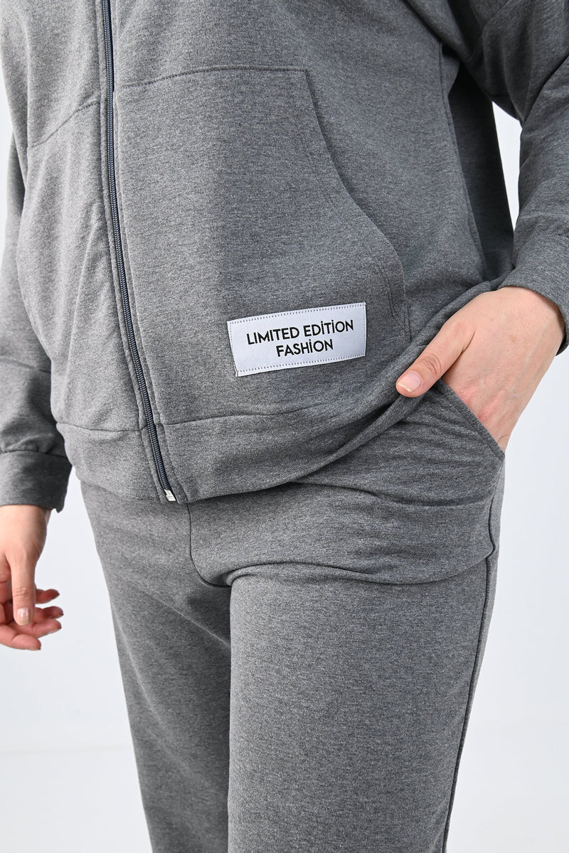 Kadın Büyük Beden Etiket Detaylı Kapüşonlu Eşofman Takımı 8077-24