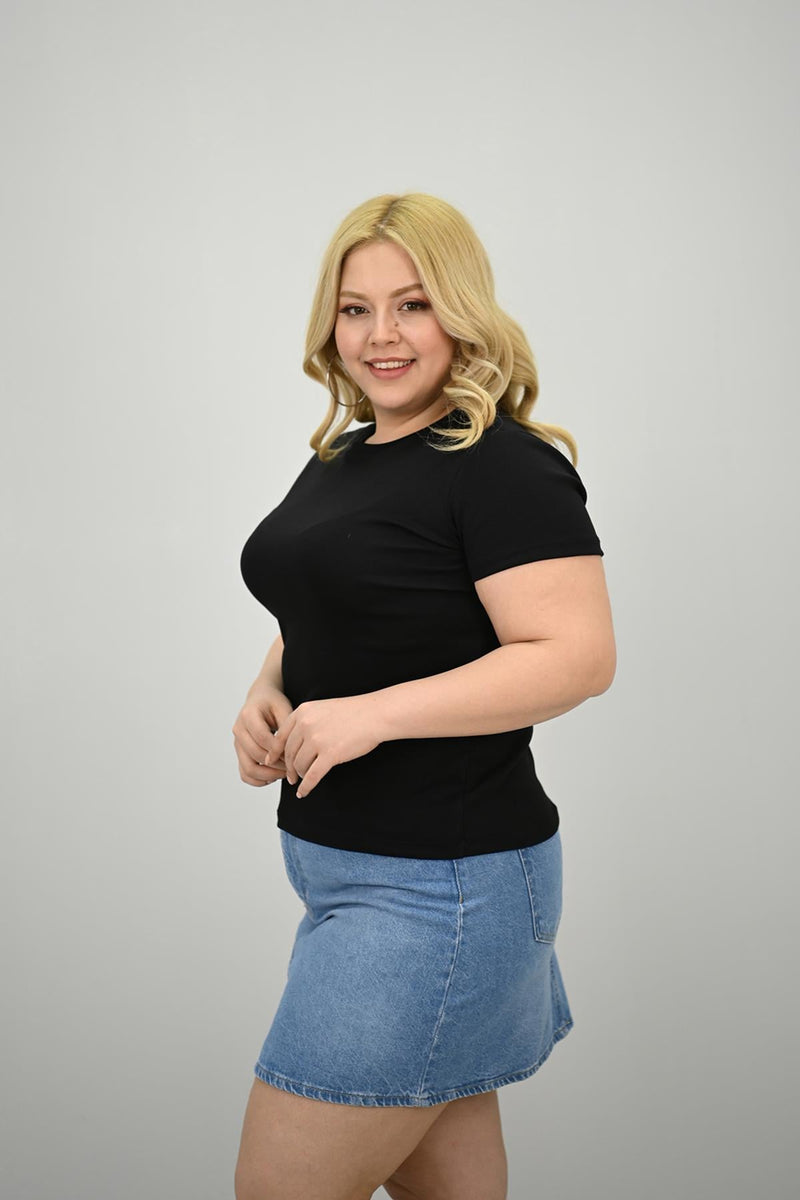 Kadın Büyük Beden Kısa Kollu Bisiklet Yaka Basic T-shirt 1965-25