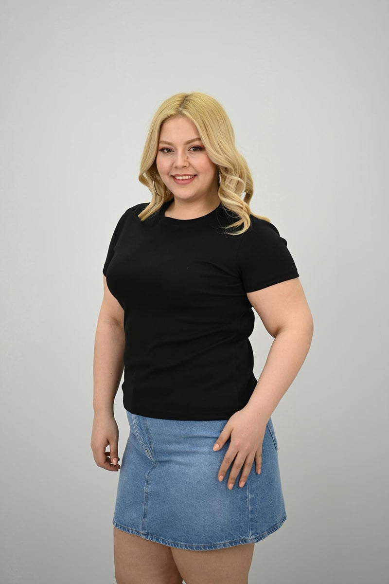 Kadın Büyük Beden Kısa Kollu Bisiklet Yaka Basic T-shirt 1965-25