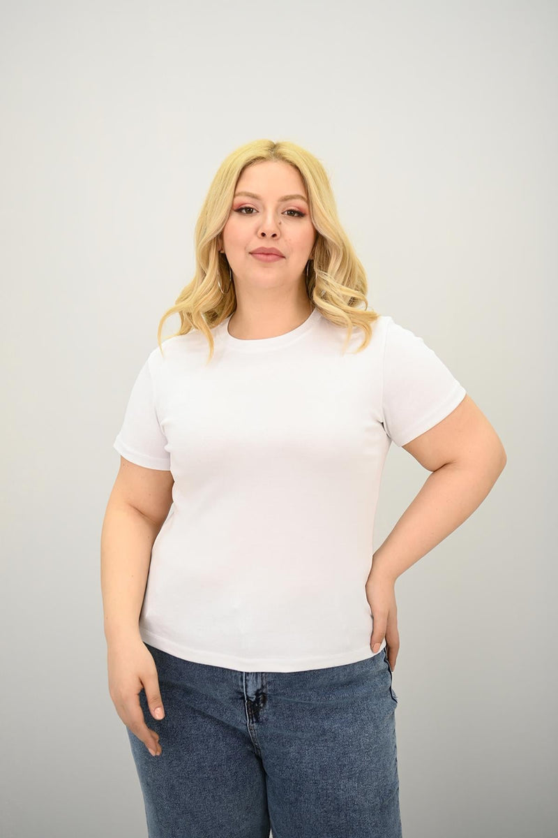 Kadın Büyük Beden Kısa Kollu Bisiklet Yaka Basic T-shirt 1965-25
