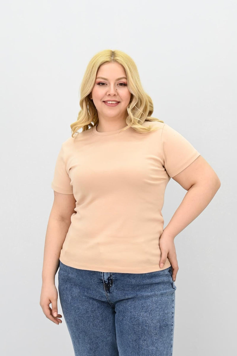 Kadın Büyük Beden Kısa Kollu Bisiklet Yaka Basic T-shirt 1965-25