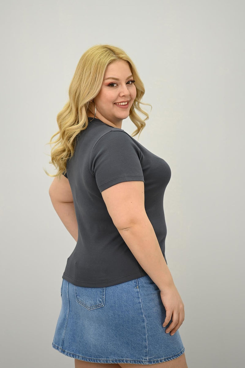 Kadın Büyük Beden Kısa Kollu Bisiklet Yaka Basic T-shirt 1965-25