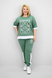 Kadın Büyük Beden Kısa Kollu Nakış Detaylı Garnili Eşofman Takımı 8192-25