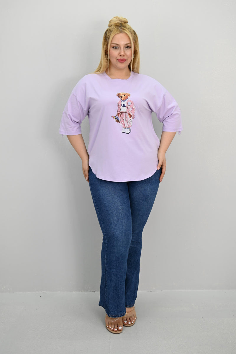 Kadın Büyük Beden Kısa Kollu Taş Detaylı Ayı Baskılı Oversize T-shirt 1926-25