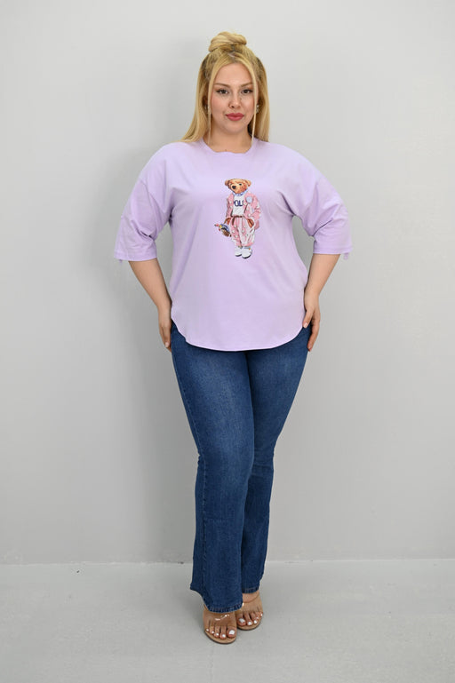 Kadın Büyük Beden Kısa Kollu Taş Detaylı Ayı Baskılı Oversize T-shirt 1926-25