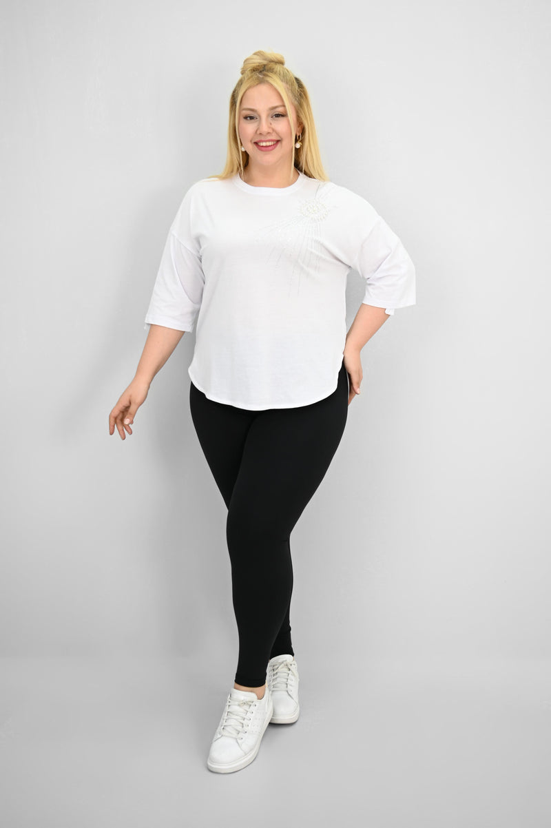 Kadın Büyük Beden Kısa Kollu Taş ve İnci Baskı Detaylı Oversize T-shirt 1925-25