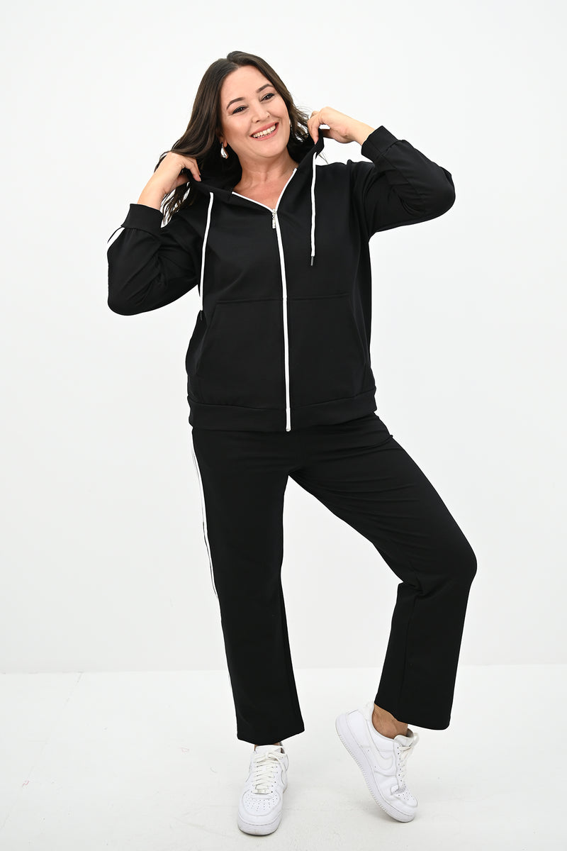 Kadın Büyük Beden Şerit Detaylı Kapüşonlu Eşofman Takımı 8134-25  ADİDAS