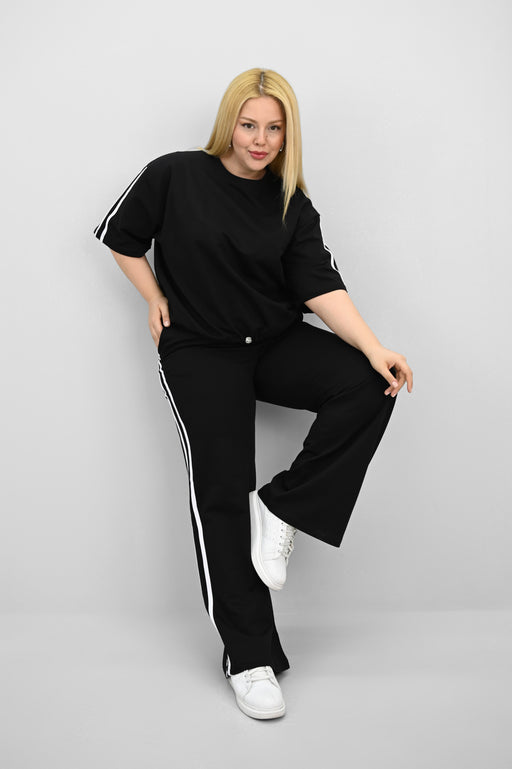 Kadın Büyük Beden Şerit ve Bel Büzgü Detaylı Kısa Kollu Eşofman Takımı 8197-25