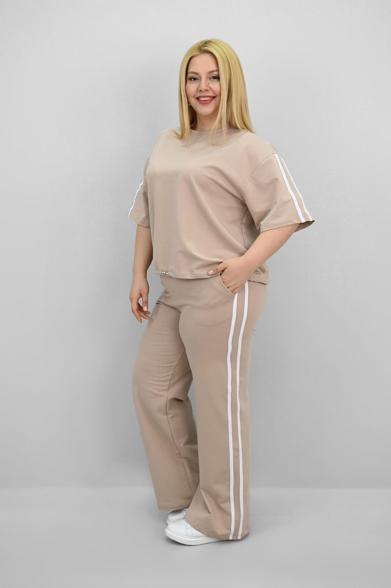 Kadın Büyük Beden Şerit ve Bel Büzgü Detaylı Kısa Kollu Eşofman Takımı 8197-25