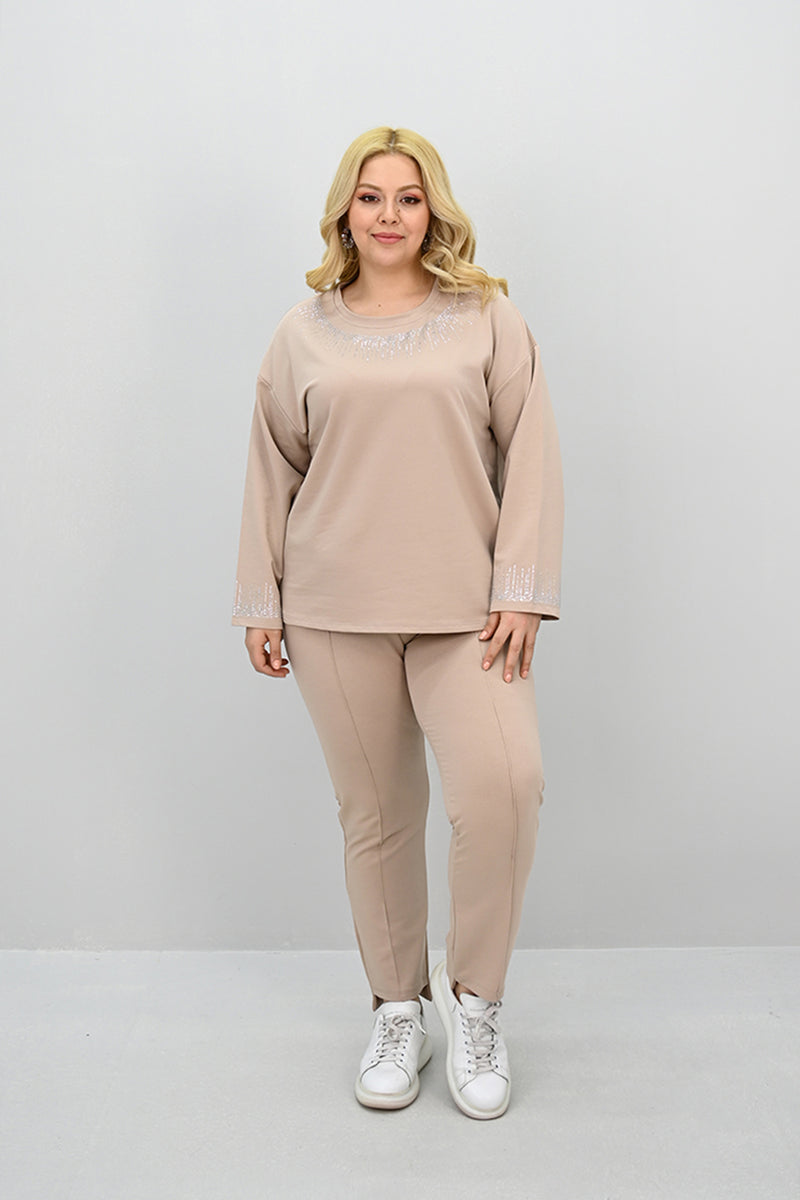 Kadın Büyük Beden Taş Baskı Detaylı Yüksek Bel Eşofman Takımı 8175-25