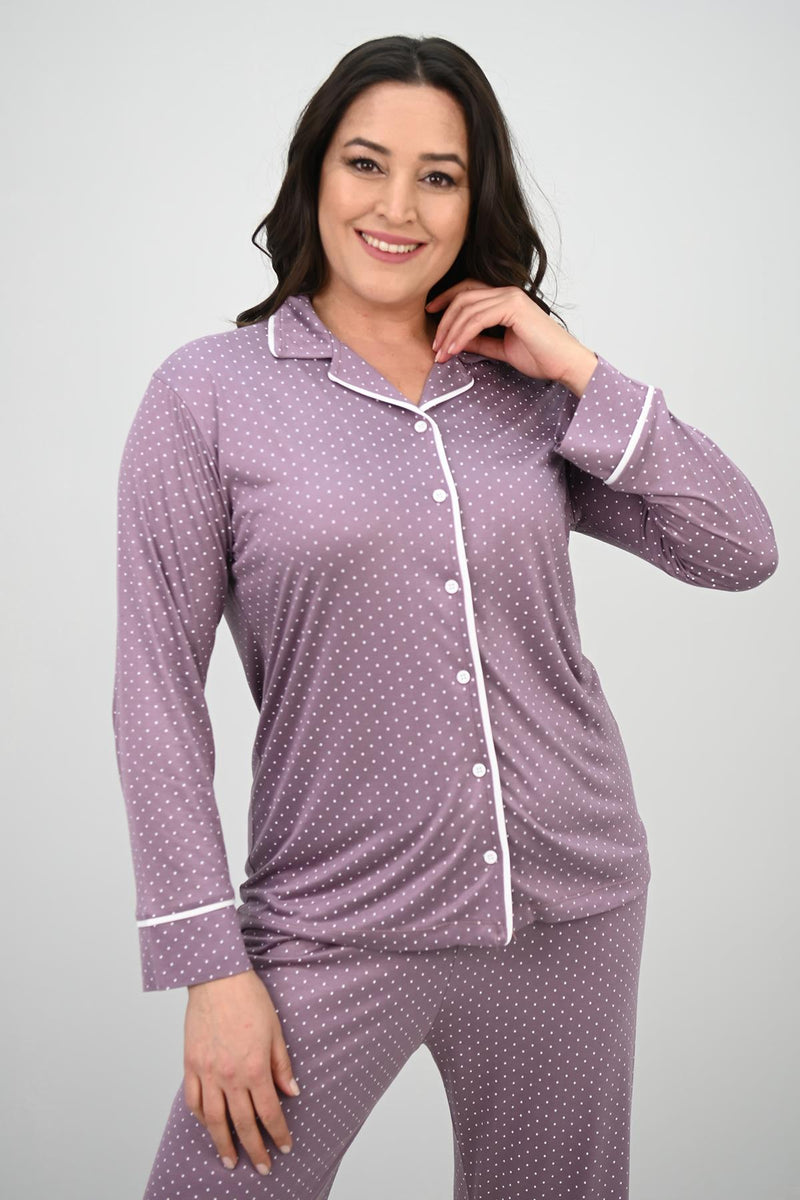 Kadın Büyük Beden Uzun Kollu Önden Düğmeli Pijama Takımı 4234-25