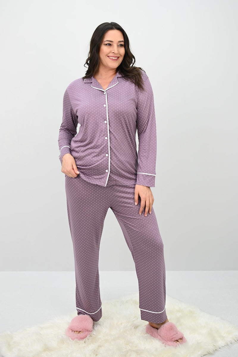 Kadın Büyük Beden Uzun Kollu Önden Düğmeli Pijama Takımı 4234-25