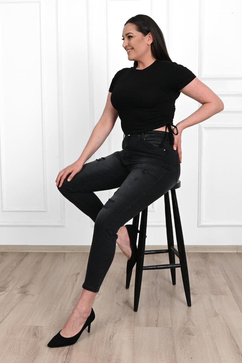 Kadın Büyük Beden Yırtmaçlı Füme Jean Pantolon 6191-23