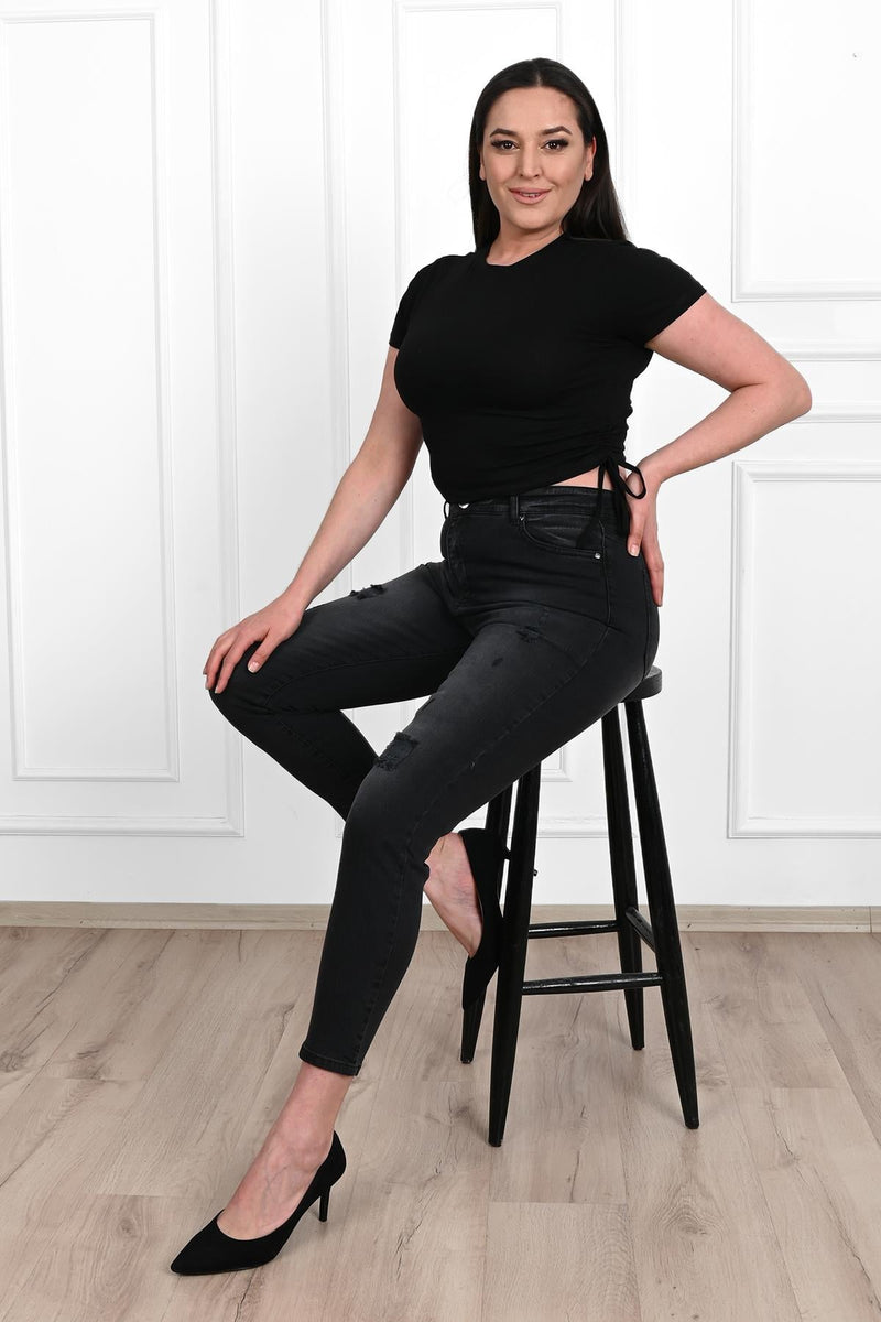 Kadın Büyük Beden Yırtmaçlı Füme Jean Pantolon 6191-23