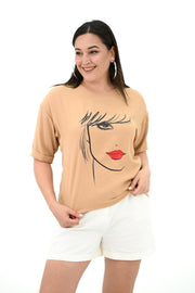 Kadın Büyük Beden Yüz Baskılı T-shirt 1788-25