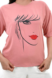 Kadın Büyük Beden Yüz Baskılı T-shirt 1788-25
