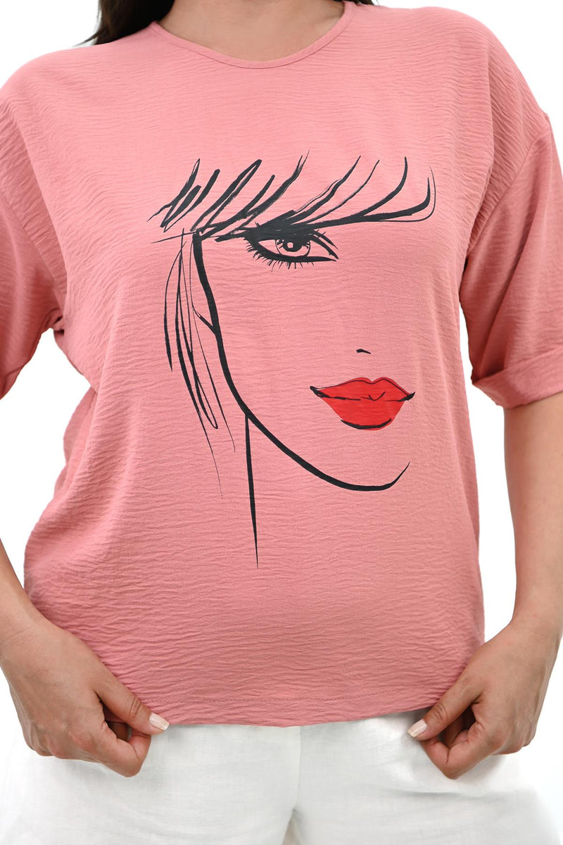 Kadın Büyük Beden Yüz Baskılı T-shirt 1788-25