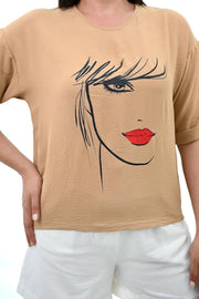 Kadın Büyük Beden Yüz Baskılı T-shirt 1788-25