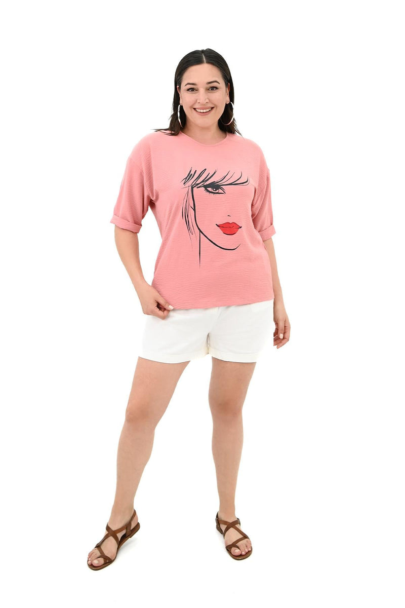 Kadın Büyük Beden Yüz Baskılı T-shirt 1788-25