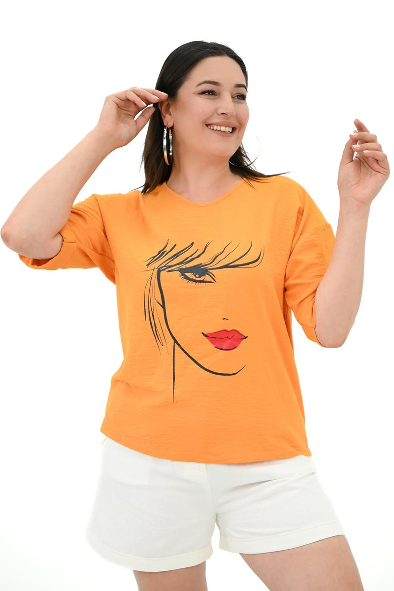 Kadın Büyük Beden Yüz Baskılı T-shirt 1788-25