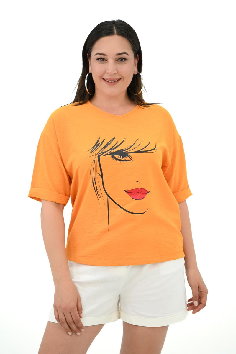 Kadın Büyük Beden Yüz Baskılı T-shirt 1788-25