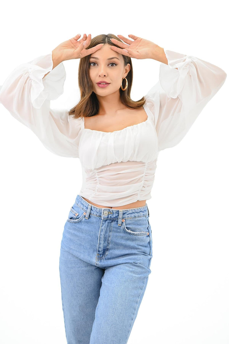 Kadın Şifon Crop Bluz 1734-24