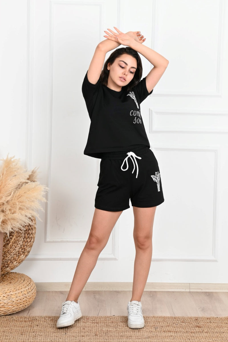 Kadın Taş Baskı Detaylı Şortlu Takım 3391-22