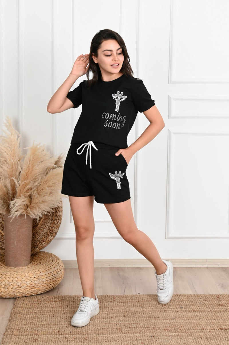 Kadın Taş Baskı Detaylı Şortlu Takım 3391-22