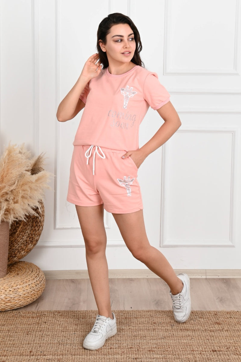 Kadın Taş Baskı Detaylı Şortlu Takım 3391-22