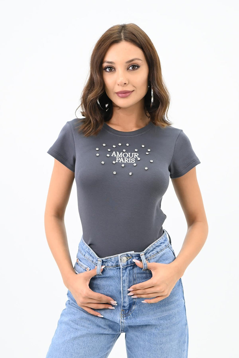 Kadın Taş İşlemeli Nakış Detaylı T-shirt 1774-25