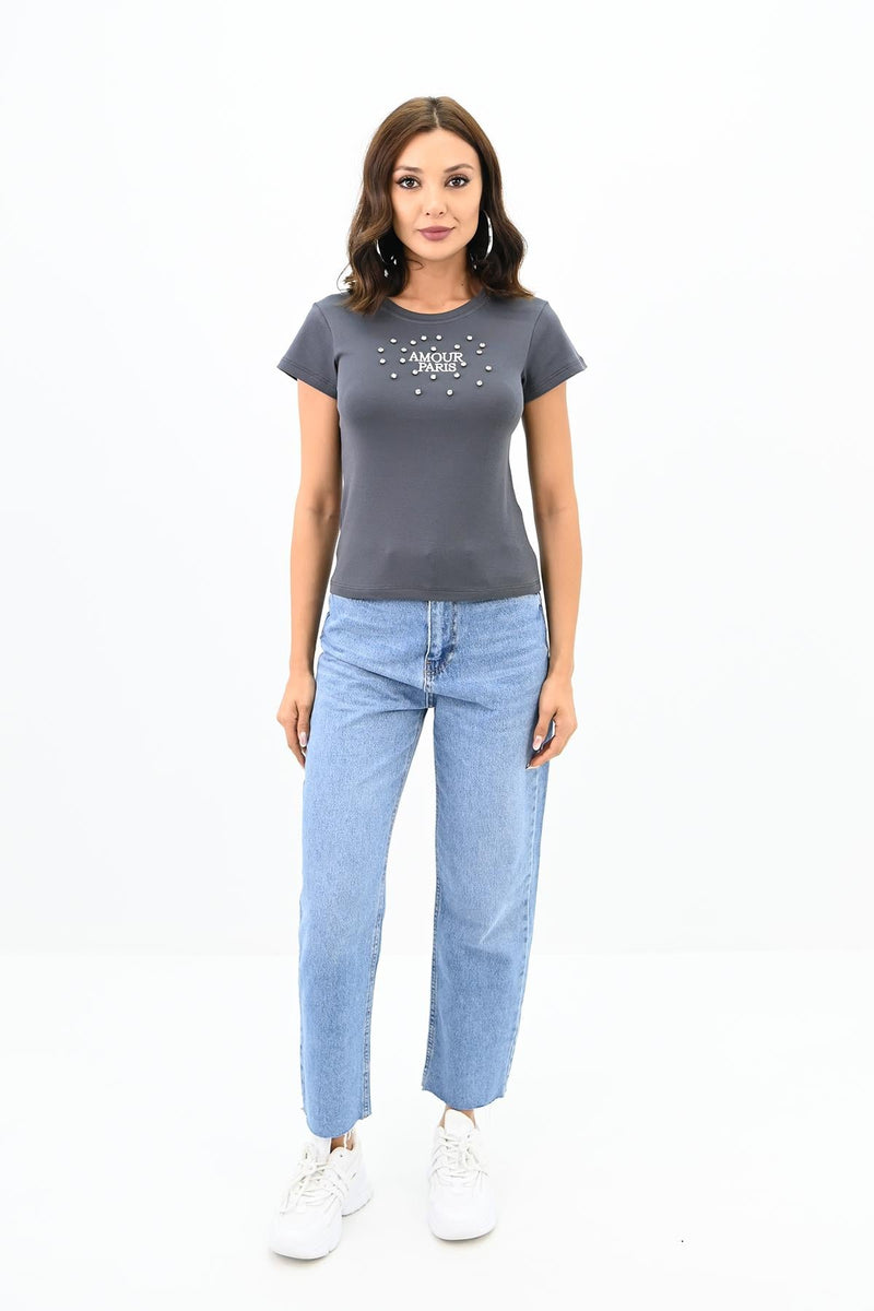 Kadın Taş İşlemeli Nakış Detaylı T-shirt 1774-25