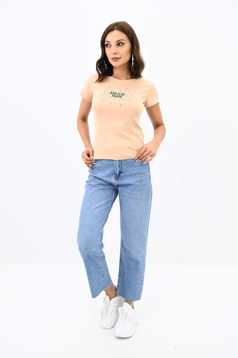 Kadın Taş İşlemeli Nakış Detaylı T-shirt 1774-25
