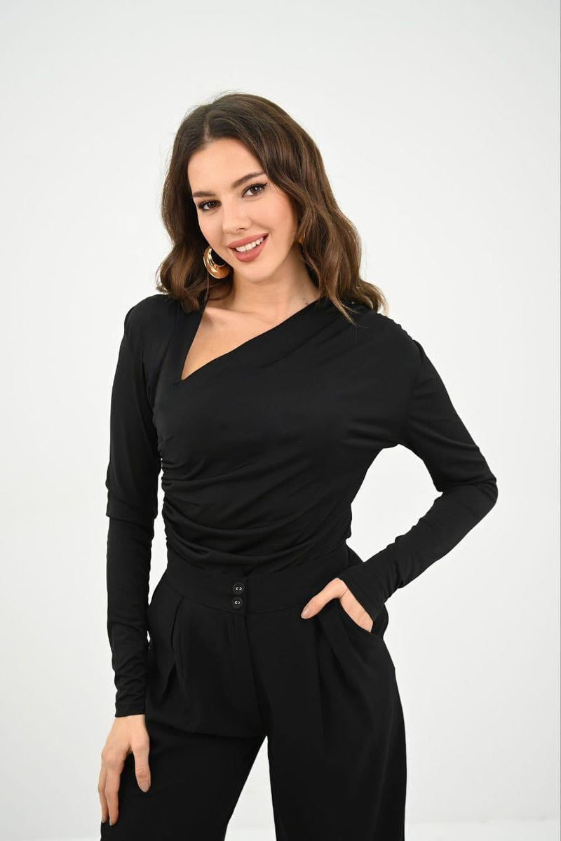 Kadın Uzun Kollu Asimetrik Yaka Çıtçıtlı Body 1875-25
