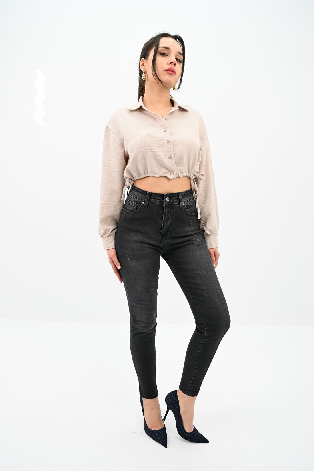 Kadın Yüksek Bel Füme Jean Pantolon 6189-23