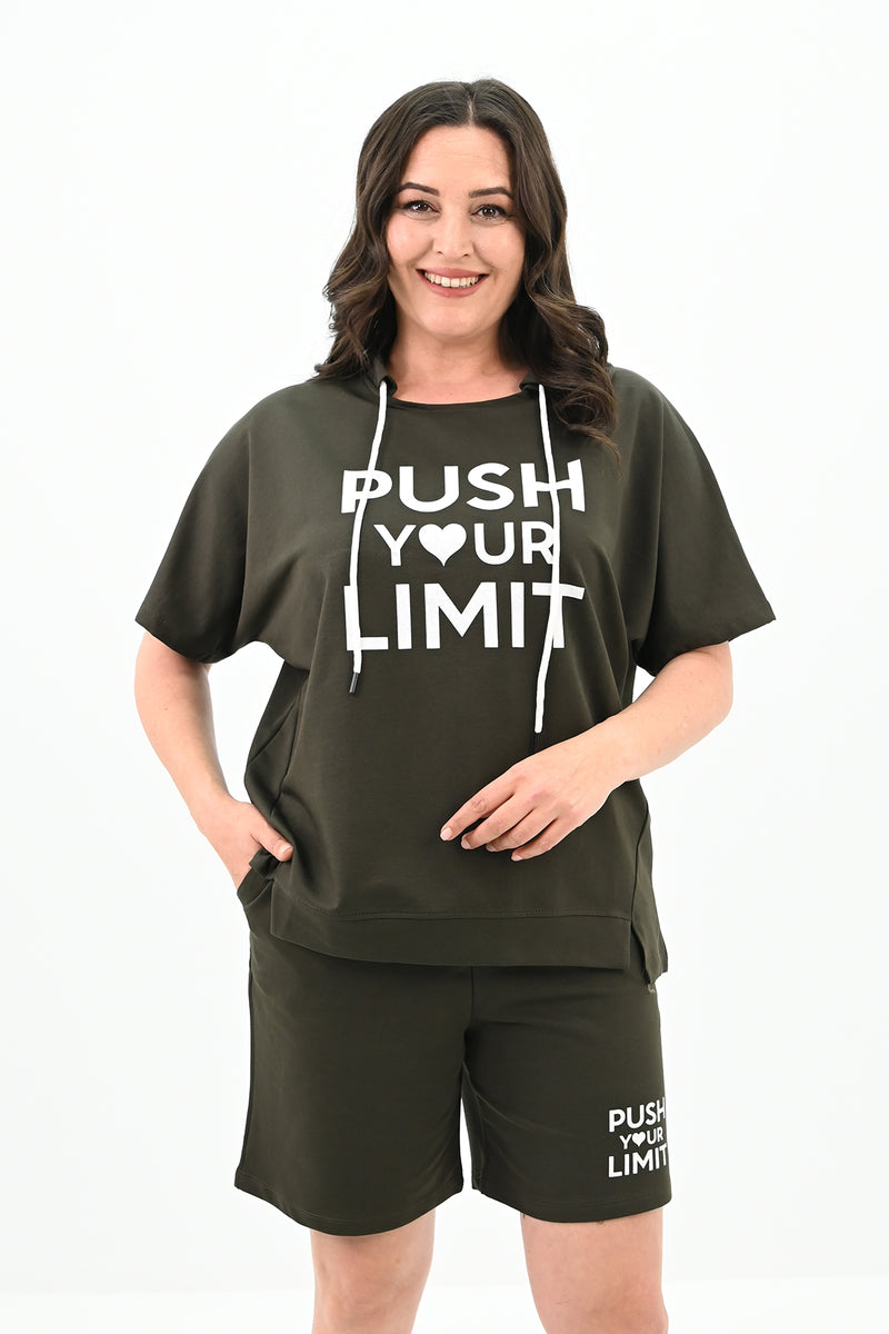 Kadın Yüksek Bel Yazı Baskılı Büyük Beden Şortlu Takım 8006-23