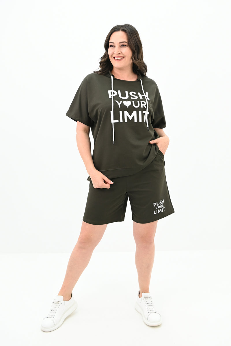 Kadın Yüksek Bel Yazı Baskılı Büyük Beden Şortlu Takım 8006-23