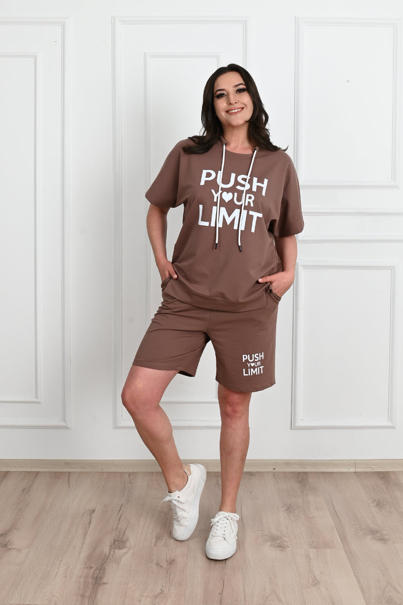 Kadın Yüksek Bel Yazı Baskılı Büyük Beden Şortlu Takım 8006-23